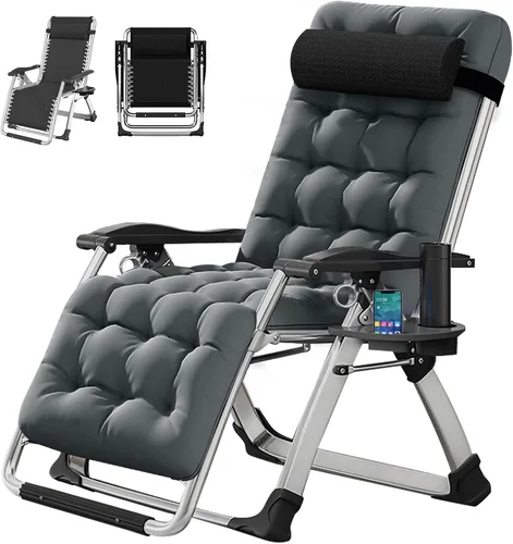 DoCred Silla de gravedad cero, sillón reclinable de césped, tumbona reclinable para patio, tumbona plegable portátil con cojín suave desmontable,