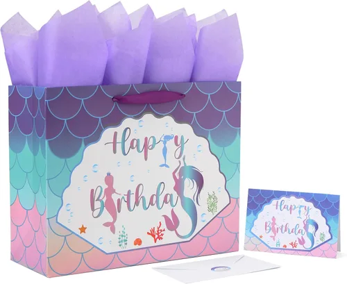 Miniatura 7 de Qirrmiy Juego de bolsas de regalo de cumpleaños de sirena extra grande de 16.5 pulgadas con asas, tarjeta de felicitación, papeles de seda morados