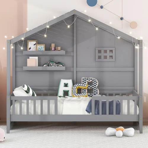 Miniatura 15 de RUNNA Marco de cama de madera de tamaño matrimonial con valla, para niños, adolescentes, niñas, niños, (Natural-Thinck 4col)