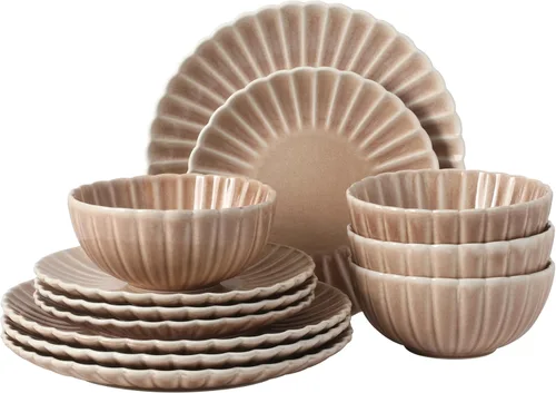 Miniatura 32 de Gibson Elite Peach Orchard 12-Piece New Bone China Dinnerware Set Service for 4, Embossed Fluted Plates and Bowls, Dishwasher and Microwave Safe