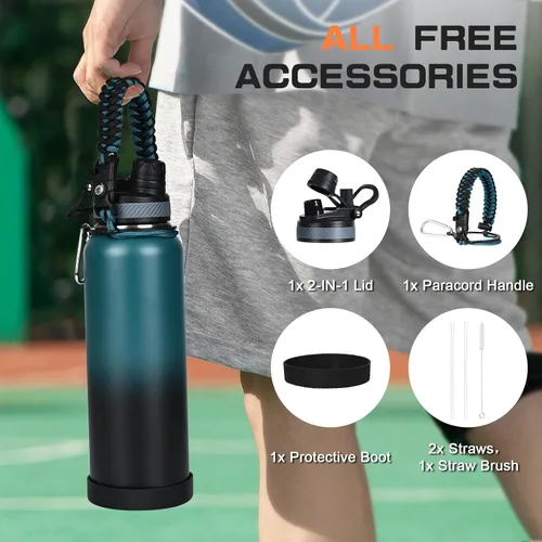 Miniatura 6 de GAZLEMHO Botella de agua aislada de 40 onzas con pajilla y boquilla, tapa 2-en-1, acero inoxidable de triple pared al vacío, fría durante 48H, a