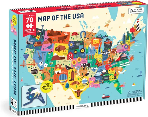 Mudpuppy Mapa de los Estados Unidos: rompecabezas de geografía de 70 piezas con piezas en forma de estado y paisajes icónicos, artículos culturales