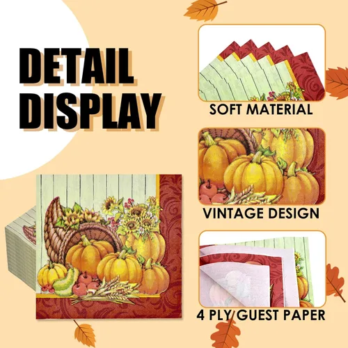 Miniatura 6 de Paquete de 60 servilletas de papel para el día de Acción de Gracias, 13 x 13 pulgadas, desechables, cornucopia, calabaza, vajilla, almuerzo, cóctel