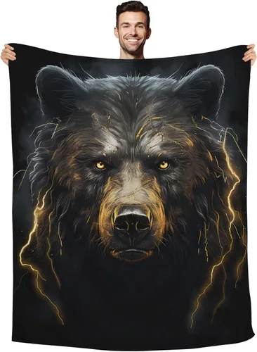 Huke Manta de regalo de oso, manta de oso rayo de fuego negro y dorado, regalos de oso para adultos/niños/estudiantes, manta con estampado de