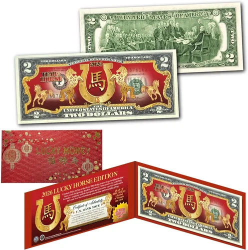 Lucky Horse 2026 Año Nuevo Lunar Chino del Caballo sin Circular Dos Dólares Edición Especial de Zapato de la Suerte con Pantalla de Foilo Duro Rojo