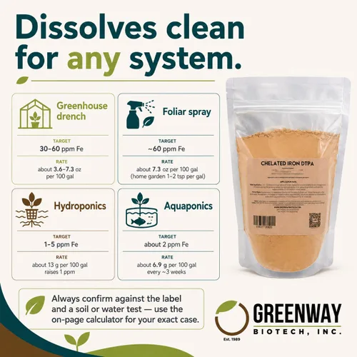 Miniatura 6 de Greenway Biotech, Inc. Hierro quelado DTPA 11% – para suelos alcalinos (pH 4.0-7.5) – Fertilizante 100% soluble en agua para cítricos, césped e