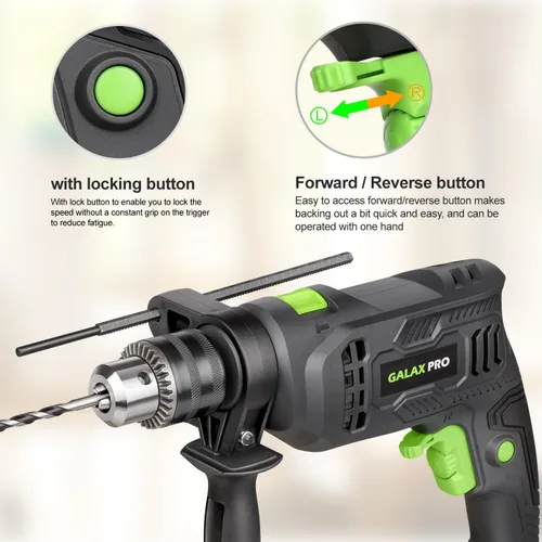 Miniatura 4 de GALAX PRO Taladro de martillo con cable de 4.5 amperios 0-3000 RPM, 5 brocas, martillo y taladro, 2 funciones en 1 con 12 velocidades variables