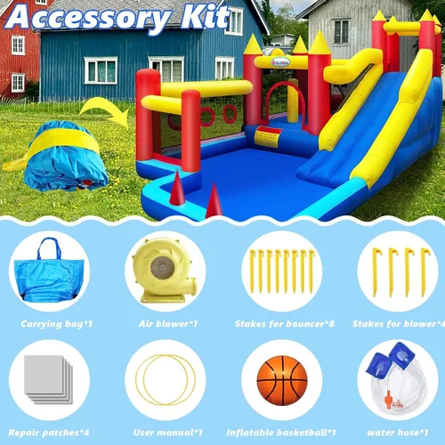 Miniatura 6 de Casa de rebote, castillo inflable con soplador de aire para niños de 3 a 10 años, castillo para saltar con tobogán largo, para interiores