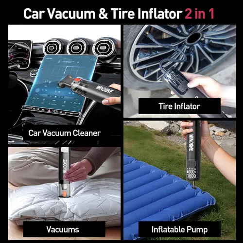 Miniatura 6 de Windone Aspiradora para automóvil, limpiador 2 en 1 de 12000 Pa e inflador de neumáticos de 150 PSI, motor sin escobillas de 60 W, aspiradora