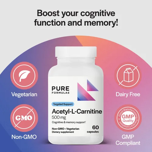 Miniatura 4 de PureFormulas Acetil L-carnitina apoyo cognitivo y de memoria L Carnitina Suplemento para cerebro, concentración y calma Alcar, 500 mg sin lácteos