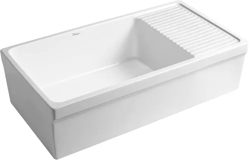 Miniatura 7 de Whitehaus Collection WHQD540-M-Cement - Fregadero de cocina de arcilla refractaria reversible grande de 36 pulgadas: tablero de drenaje integral