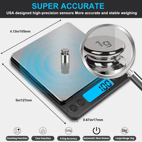 Miniatura 3 de Pequeña báscula digital de gramos 1000g por 0.01g, báscula de alta precisión MEIYA para onzas y gramos de alimentos, actualización de carga USB Negro