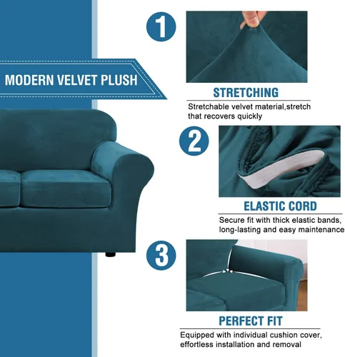 Miniatura 3 de H.VERSAILTEX - Funda muy elástica para sofá de 4 piezas, moderno protector de terciopelo suave y afelpado, ajustable, grueso, para sofá con 3 Verde
