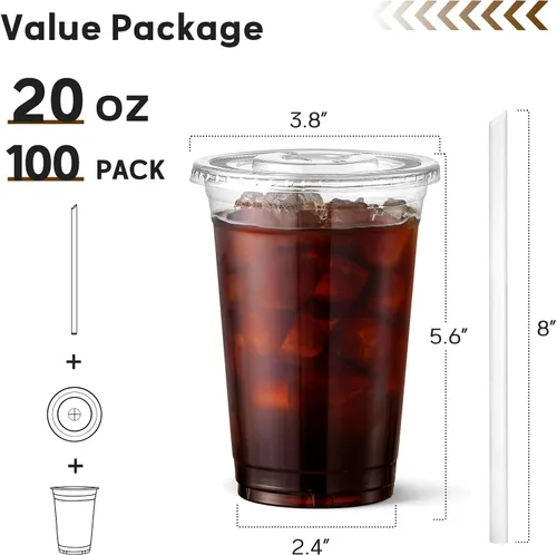 Miniatura 2 de AOZITA Paquete de 100 vasos de plástico transparente de 20 onzas con tapas y pajitas, tazas de café helado desechables aptas para alimentos