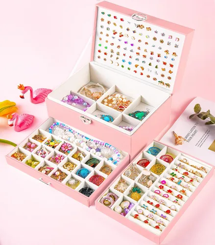 Miniatura 102 de Joyero de pendientes para mujeres y niñas, organizador de aretes de 5 capas, caja organizadora de joyas blanca con candado, collares y aretes
