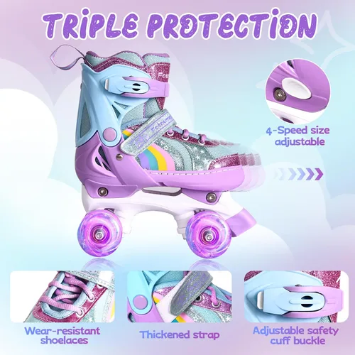 Miniatura 2 de Rainbow - Patines para niños pequeños, talla 4 ajustable, patines cuádruples iluminados para niñas y niños principiantes de 3 a 12 años