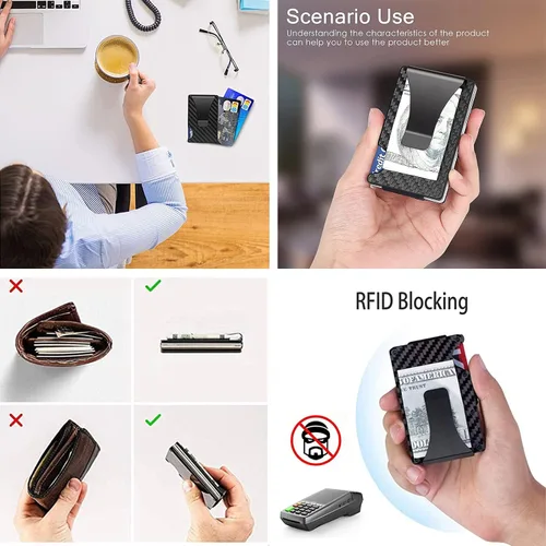 Miniatura 4 de Lywencom Billetera de fibra de carbono, bloqueo RFID tarjeta antirrobo ultra delgada titular de crédito en efectivo negro, clip de dinero de metal