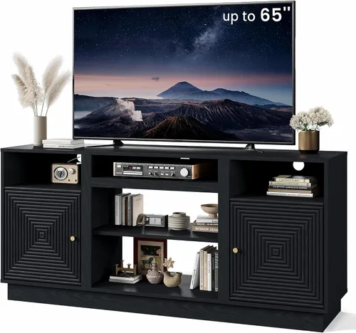 Miniatura 8 de RoyalCraft Soporte de TV negro para televisores de hasta 65 pulgadas, centro de entretenimiento moderno de mediados de siglo con almacenamiento
