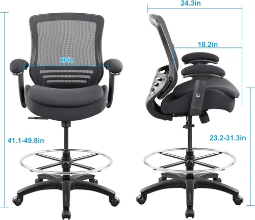 Miniatura 3 de BOLISS Silla de dibujo ergonómica de malla con respaldo medio de 400 libras, anillo de pie ajustable grande, reposabrazos ajustable en altura (negro)