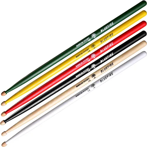 Miniatura 2 de Bluefire - Baquetas 5A, 6 palos (3 pares) de colores surtidos, peso de nogal americano a juego, prueba varios colores en un paquete para bateristas