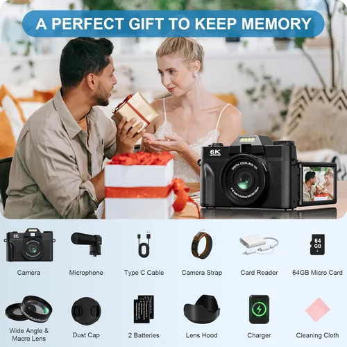 Miniatura 7 de Yatao Cámaras digitales para fotografía y vlogging, pantalla giratoria 6K 64MP, lente dual, micrófono para video, tarjeta TF de 64GB, cámara