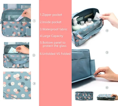 Miniatura 4 de Bolsa para productos cosméticos. Bolsa para colgar productos de tocador. Organizador de viaje, para hombre y mujer., Azul Flores)
