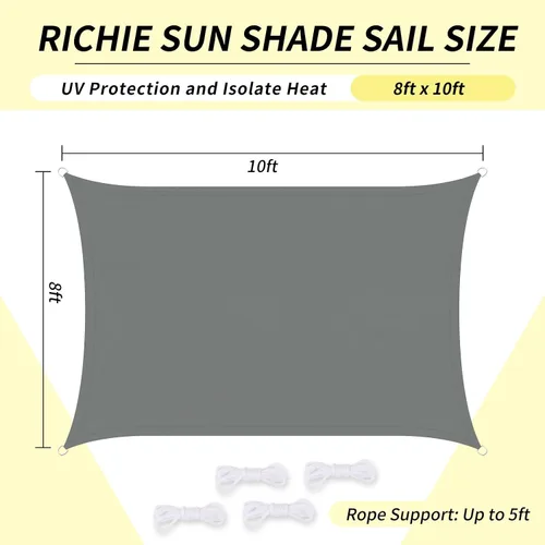 Miniatura 2 de RICHIE Toldo Vela de Sombra Solar Mejorado de 8'x10' Rectangular, Resistente al Agua y Bloqueo UV para Patio Exterior Césped Playa Jardín Cochera