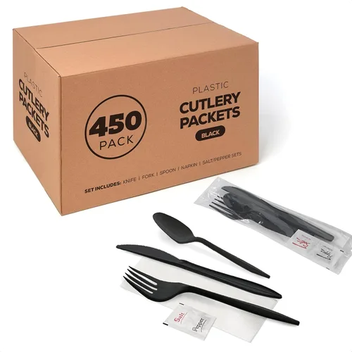 Miniatura 7 de 250 paquetes de cubiertos de plástico - Juego de cuchillo, tenedor, cuchara, servilleta, sal y pimienta Juegos de cubiertos plateados negros