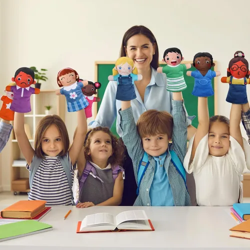 Miniatura 6 de Poen Juego de 8 títeres de mano para niños, títeres de mano multiculturales, felpa suave a granel para niños pequeños, interacción de aprendizaje