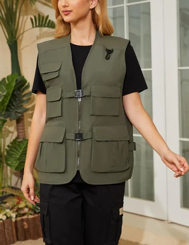 Miniatura 2 de Wyeysyt Chaleco de pesca para mujer, chaleco de viaje para trabajo al aire libre con múltiples bolsillos
