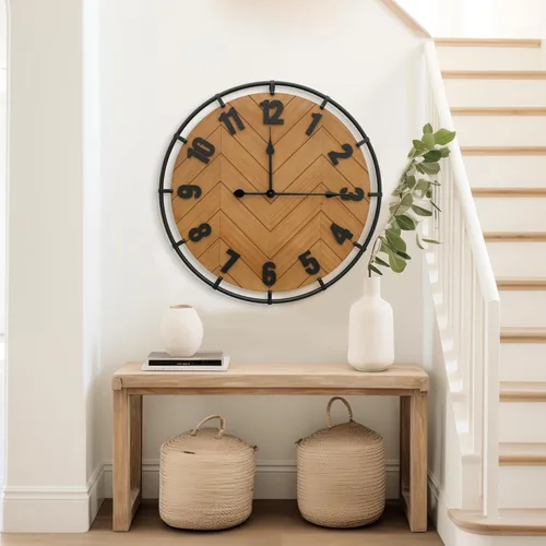 Miniatura 4 de Micasso Reloj de pared grande de 27 pulgadas, silencioso, sin tictac, decoración de pared de madera rústica y metal, reloj decorativo antiguo