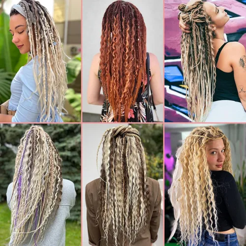 Miniatura 5 de Leeven Extensiones de Rastas Sintéticas de Doble Punta de 24 Pulgadas 30 Hebras Rastas Boho 613 Rubio 3 Estilos Mixtas Onduladas Rizadas DE Rastas