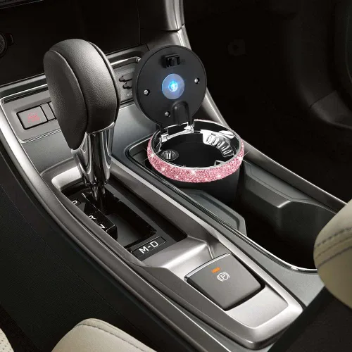 Miniatura 3 de SAVORI Cenicero de automóvil para mujeres y hombres, portavasos, portátil, sin humo, con indicador de luz LED azul, accesorios para automóvil (rosa)