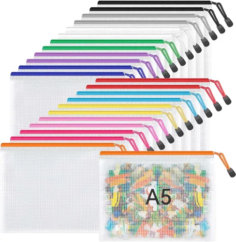 Miniatura 13 de Umriox Bolsas de malla con cremallera, A3+A4+A5, (6 colores, 18 paquetes), bolsas transparentes con cremallera, bolsas impermeables con cremallera