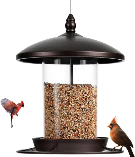 Comedero para pájaros de metal para exteriores colgante, comedero de semillas de 3.0 LB, fácil de llenar y limpiar, alimentación de 360°, techo