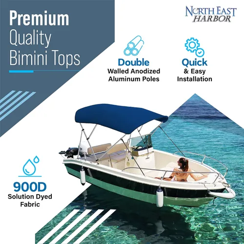Miniatura 2 de Bimini Tops de 3 lazos para barcos, a prueba de decoloración, postes de soporte, funda de almacenamiento, lona marina 900D, toldo para barco, Azul