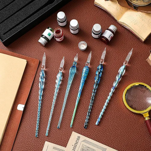 Miniatura 7 de Zonon Juego de 14 bolígrafos sumergidos de vidrio, caligrafía de firma de cristal, incluye 6 bolígrafos de inmersión de vidrio, 6 tintas indias