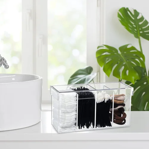 Miniatura 6 de Organizador de maquillaje acrílico de 4 compartimentos con tapa, organizador de carrito de pestañas para Lash Techs, almacenamiento de baño con 4