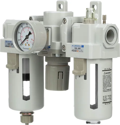 Miniatura 3 de PneumaticPlus SAU400-N04G Filtro de aire comprimido Regulador Lubricador Combo 1/2" NPT - Cuenco de polietileno, drenaje manual, soporte, calibre