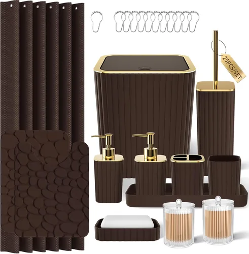 Miniatura 72 de XLHOMO Bathroom Set- 25PC Beige Bathroom Set, Bathroom Set with Shower Curtain and Rugs, Beige Shower Curtain Set, Toilet Brush, Bathroom Trash Can