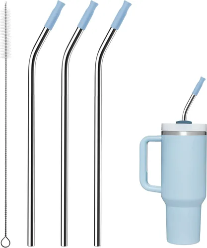 Pajitas de metal dobladas para vaso Stanley de 40 onzas, paquete de 3 popotes reutilizables de acero inoxidable con puntas de silicona y cepillo
