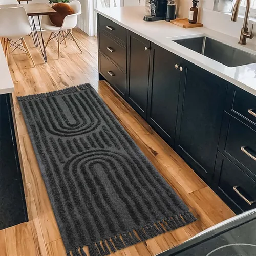 Miniatura 14 de LEEVAN - Alfombra de camino estilo bohemio lavable 2 x 5 pies, tejida en color beige, de algodón para cocina rústica con borlas, alfombra de acento