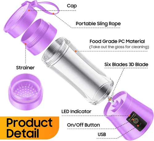 Miniatura 9 de Licuadora portátil inalámbrica de tamaño personal, licuadora de 12 onzas para batidos y batidos con taza de jugo de viaje sin BPA, 6 cuchillas