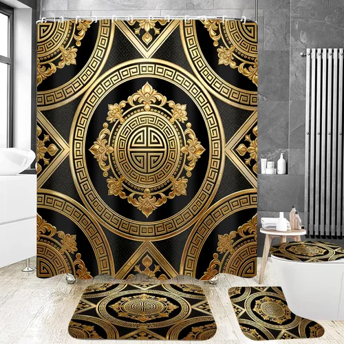 Miniatura 6 de Yizheer Juego de 4 cortinas de ducha de lujo, color negro y dorado, patrón de damasco impermeable, kit de decoración de baño