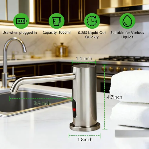 Miniatura 2 de Dispensador automático de jabón sin contacto para cocina y baño, dispensador de jabón líquido eléctrico de níquel cepillado integrado con gran