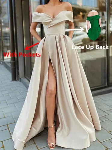 Miniatura 2 de SoDigne Vestidos de graduación con hombros descubiertos y abertura larga para mujer, vestido de fiesta de noche formal de satén con bolsillos
