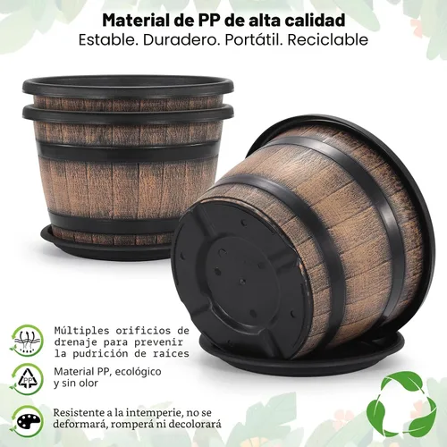 Miniatura 3 de Quarut Macetas de barril marrón de 6 pulgadas con agujeros de drenaje y platillo, juego de 4, plantas para interiores y exteriores para el hogar
