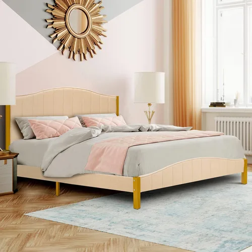 Miniatura 3 de Giantex Base de cama tapizada de tamaño matrimonial, base de cama moderna con cabecera acolchada, base de colchón con soporte de listones de madera