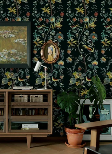 Miniatura 3 de Toduso Papel tapiz para despegar y pegar, papel tapiz floral vintage, papel de contacto con flores verdes, pájaros, árbol, papel de contacto