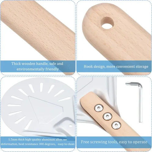 Miniatura 4 de Pala giratoria de pizza perforada redonda de metal de aluminio con mango de madera antideslizante y duradero de 16 pulgadas para panaderos caseros